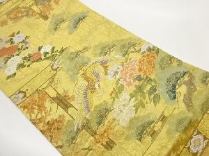 雲に格子・花々・鶴・松模様織出し袋帯